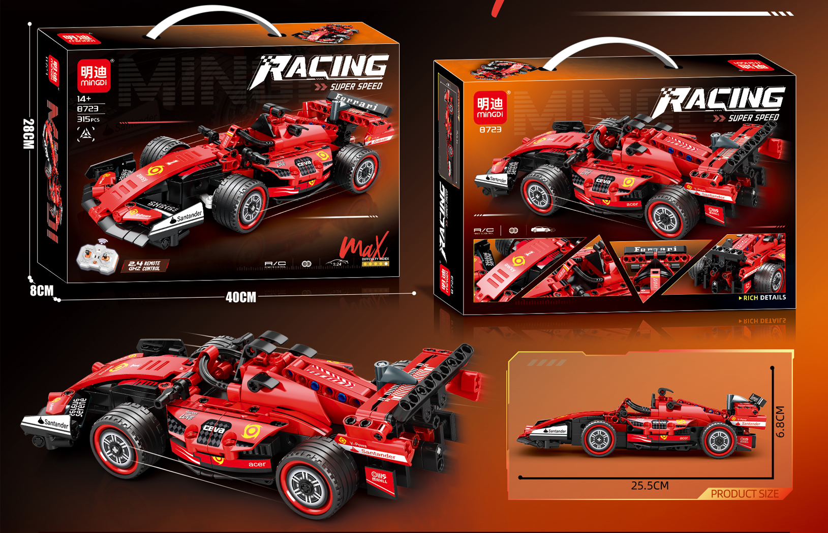 QBLO Remote Control F1 Racing Car Building Block Set, 315 Pieces, 2.4 GHz RC Super Speed Model, Red