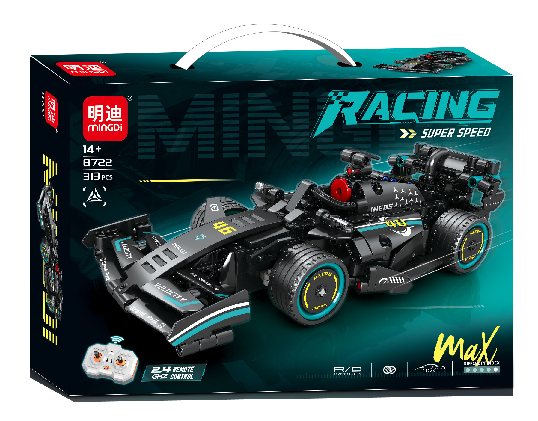QBLO Remote Control F1 Racing Car Building Block Set, 315 Pieces, 2.4 GHz RC, 1:24 Scale, Black