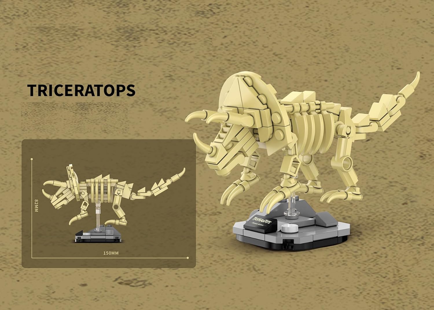 QBLO Skeleton Model Dinosaur Fossil Building Block Set, Triceratops and Pterosaur with Display Pedestal, 2 Pack