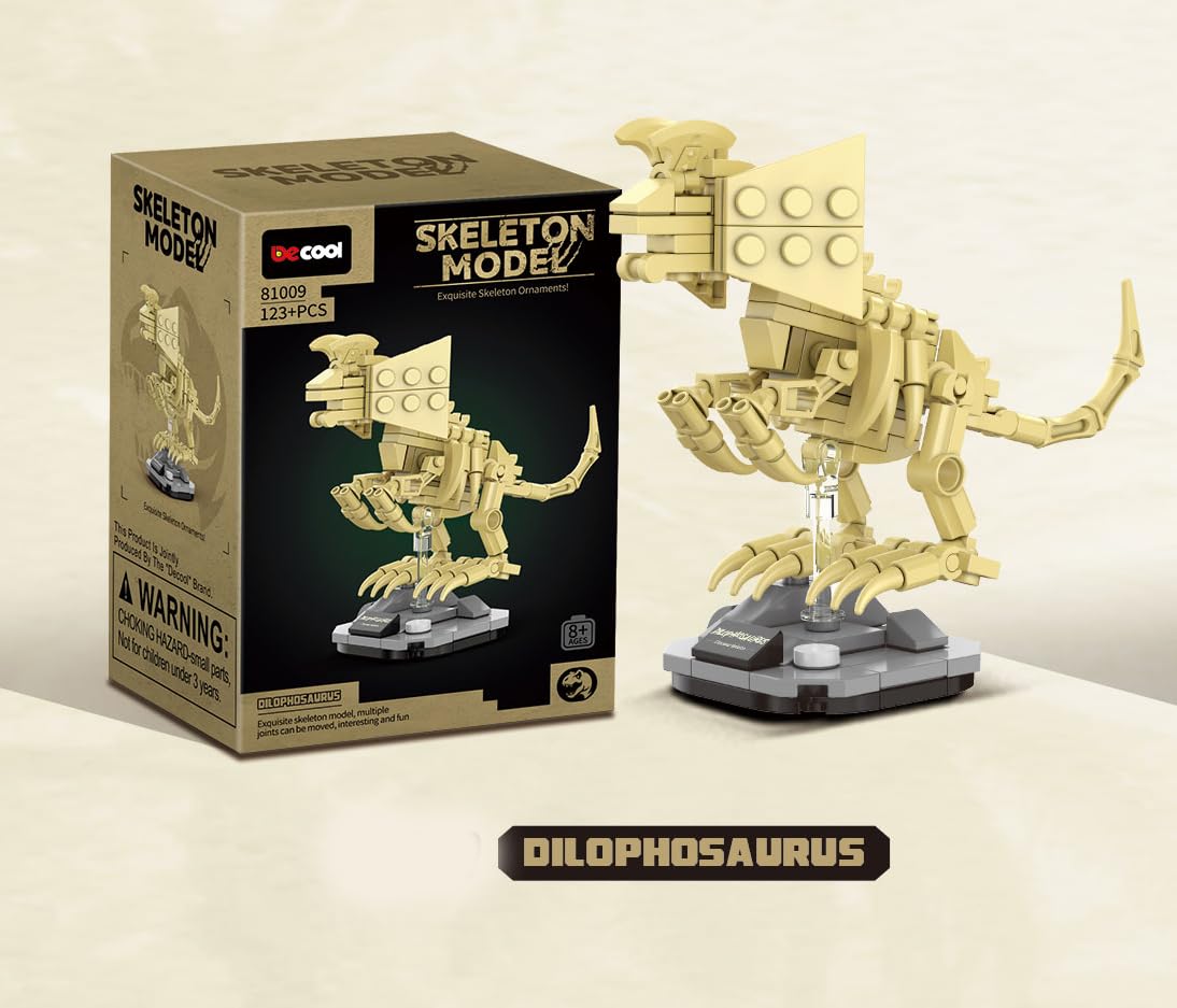 QBLO Skeleton Model Dinosaur Fossil Building Block Set with Display Stand, Dilophosaurus