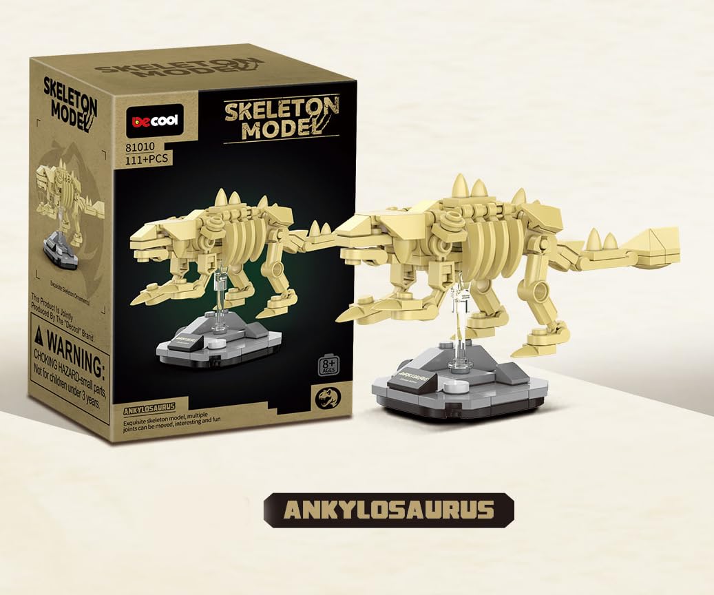 QBLO Skeleton Model Dinosaur Fossil Building Block Set, Ankylosaurus with Display Pedestal