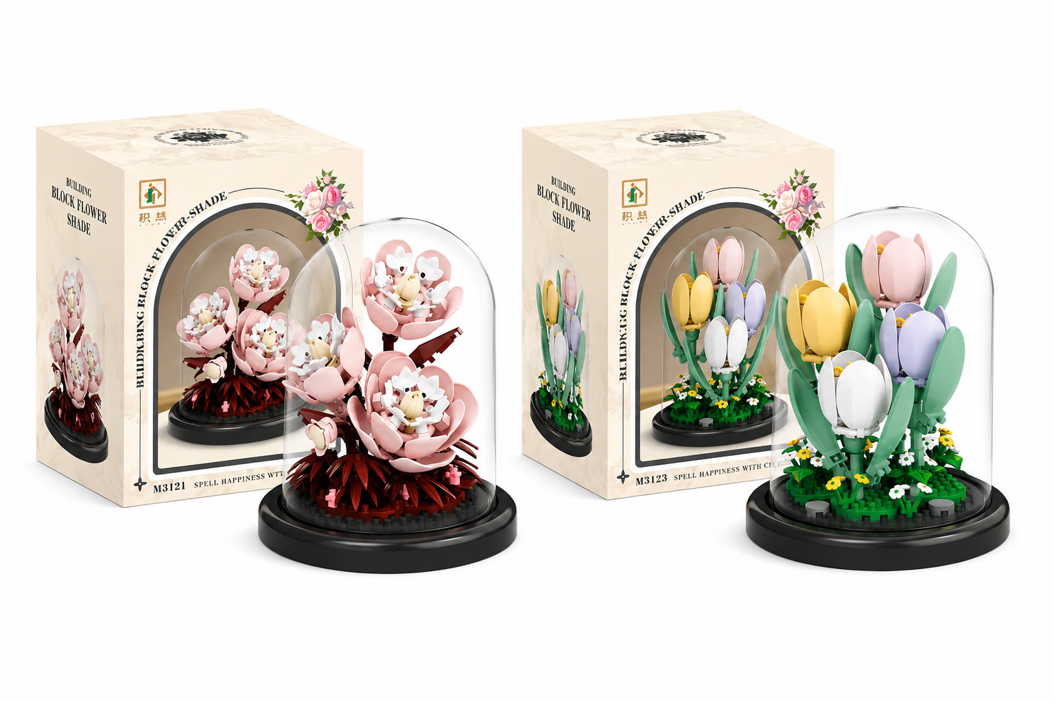 Flower Plant Set with Transparent Dome, Peony and Tulip, 2 Sets